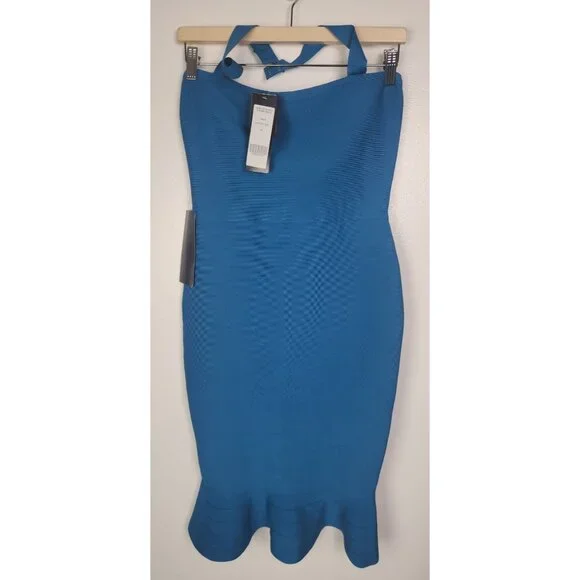 Bebe Dresses | Bebe Women's Sz. M Bandage Ruffle Midi Dress In Crystal Teal Nwt | Color: Blue | Size: M | Tiffb614's Closet